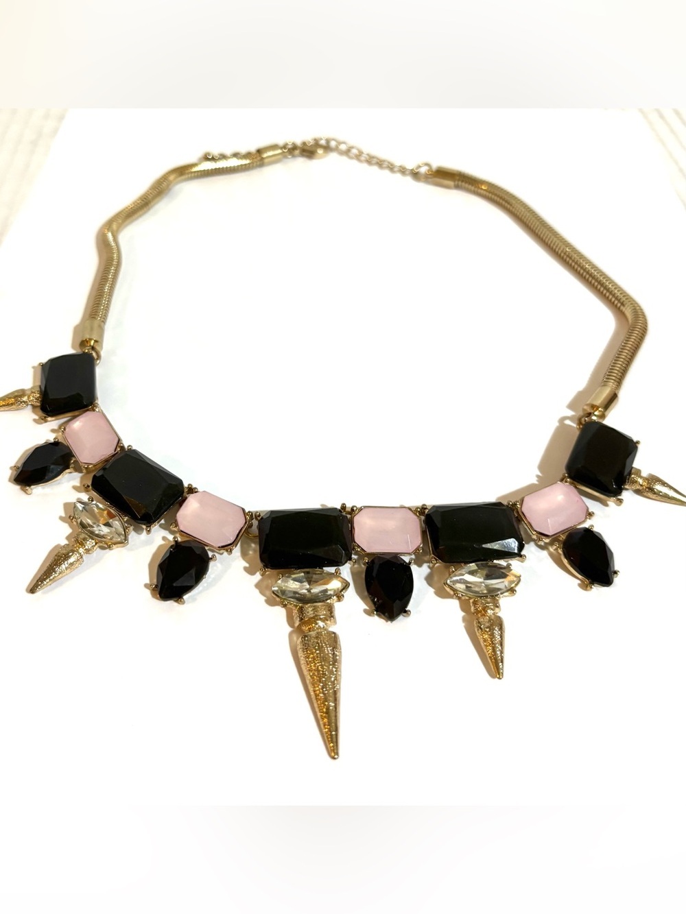 Gold Statement Necklace with Black and Pale Pink Gemstones